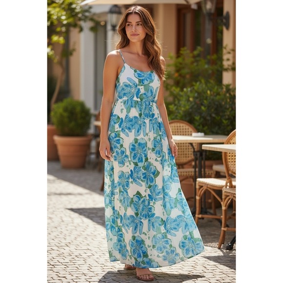 Kori Dresses & Skirts - Womens Kori Floral Maxi Dress L BlueWhite Excellent Smocked Back Spaghetti Strap